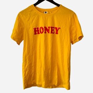 Honey Women’s Yellow Short Sleeve Shirt Red Lettering Cotton Blend Sz L